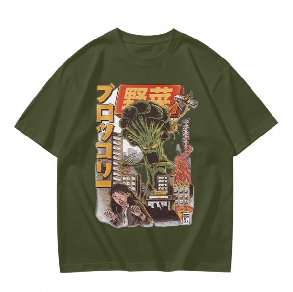 Olive T-shirt with Giant Broccoli Monster Attacking City Art