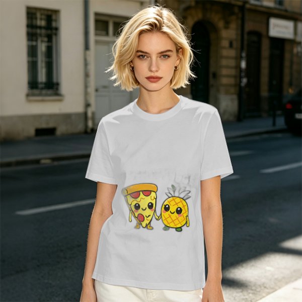 Olive T-Shirt with Cute Pizza and Pineapple Holding Hands Print