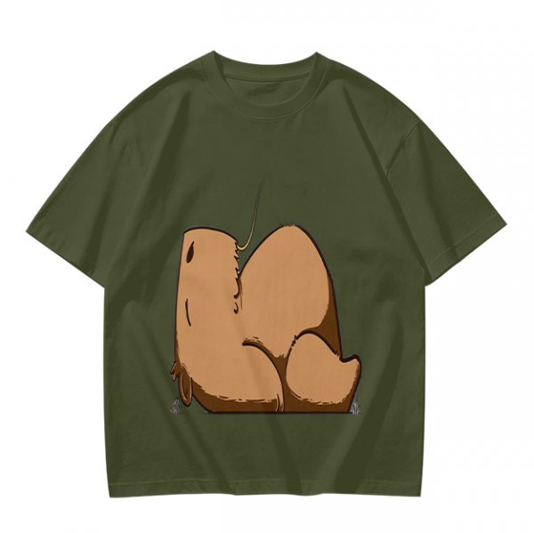 Olive Green T-Shirt With Capybara Rear View Graphic