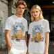 Olive green t-shirt with cute gray cat holding taiyaki graphic