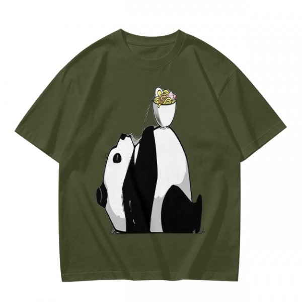 Olive T-Shirt With Panda Balancing Ramen Bowl Print