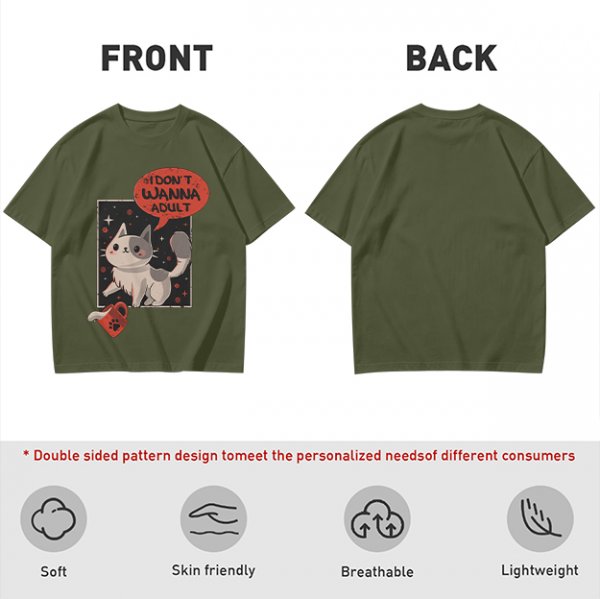 Olive cat graphic t-shirt with 'I don't wanna adult' print
