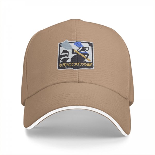 Black baseball cap with raccoon chef graphic and RACCACOOKIE text