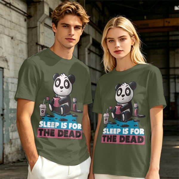 Olive t-shirt with panda drinking coffee and 'Sleep is for the dead' text
