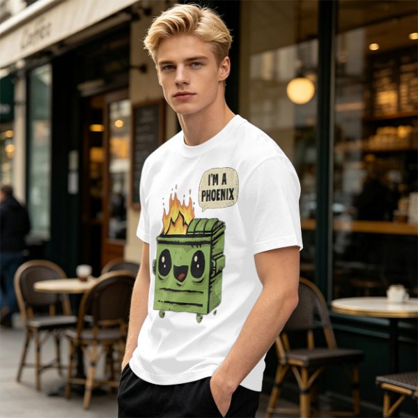 Olive green t-shirt with a cartoon dumpster on fire saying I'm a phoenix