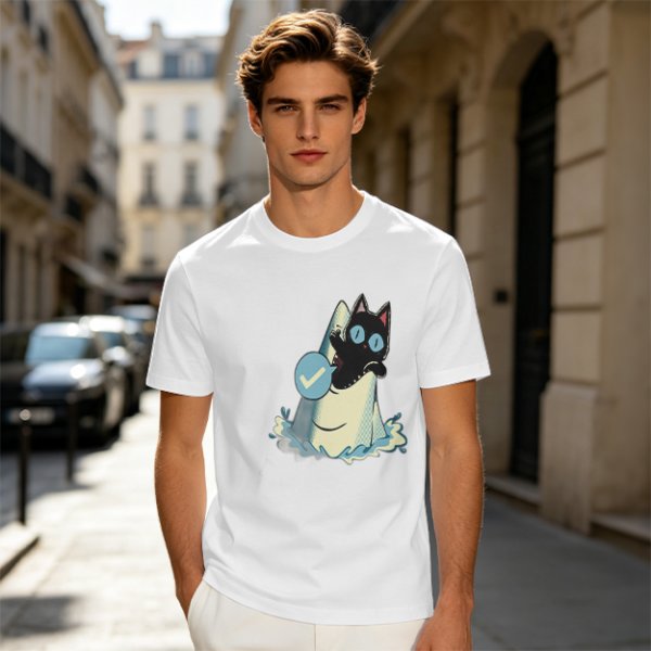 Olive T-Shirt With Black Cat Emerging From Wave Check Mark Print