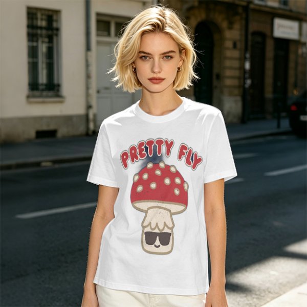Olive green graphic t-shirt with 'Pretty Fly' and cool mushroom print