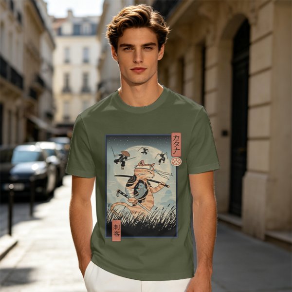 Samurai Cat Fighting Ninjas Ukiyo-e Style Graphic T-Shirt