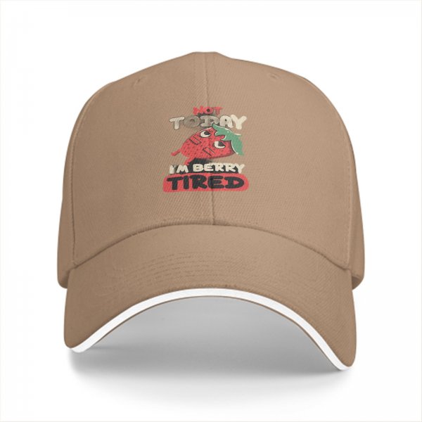 Black baseball cap with 'Not Today I'm Berry Tired' strawberry graphic
