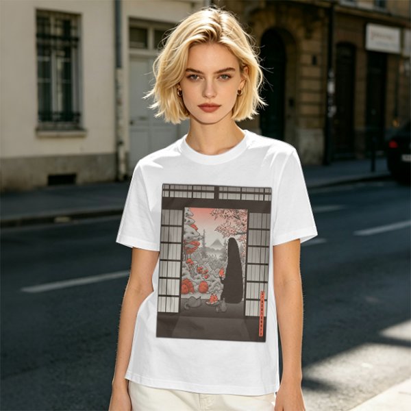 Olive T-Shirt with Japanese Shinto-inspired Window Landscape Print