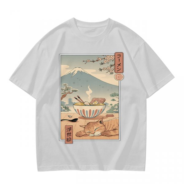 Olive t-shirt with ukiyo-e style ramen cat and Mount Fuji print
