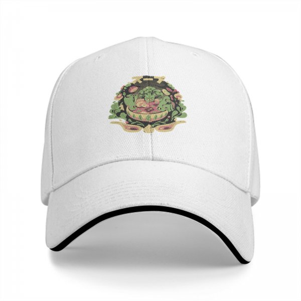 Black baseball cap with vegetable soup themed graphic print