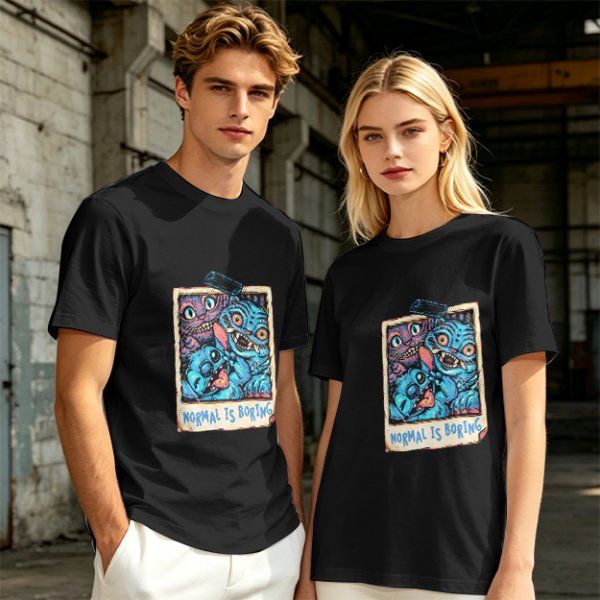 Olive t-shirt with monster polaroid print that says Normal Is Boring