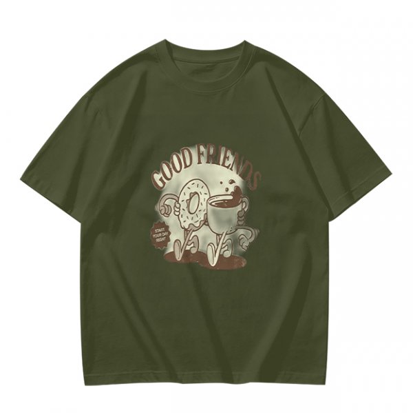 Olive green graphic t-shirt with good friends donut and coffee print