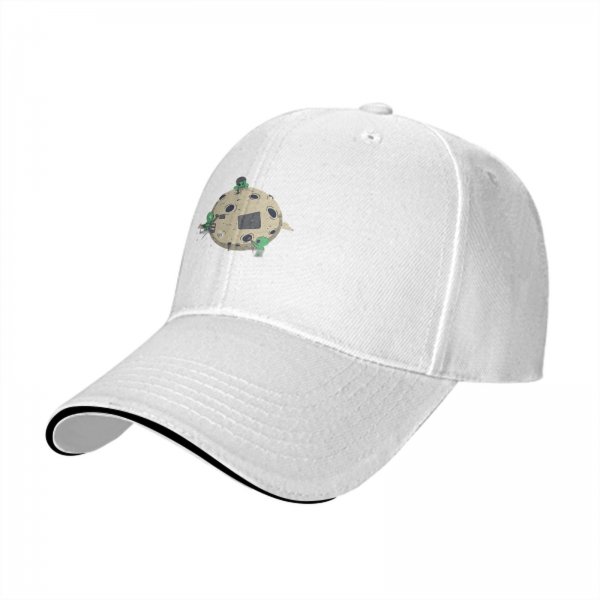 Black baseball cap with aliens repairing a cratered moon design