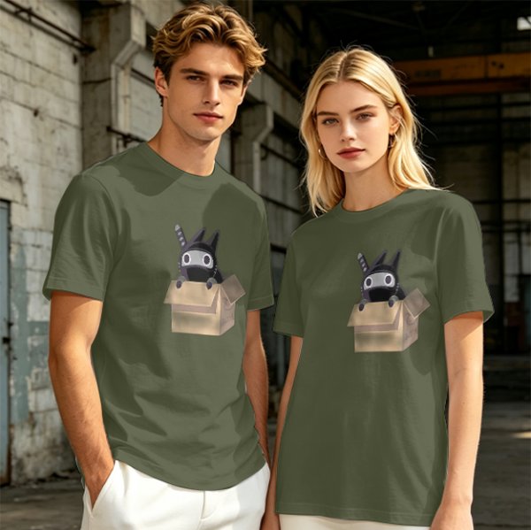 Olive Green T-Shirt With Ninja Cat In Cardboard Box Graphic