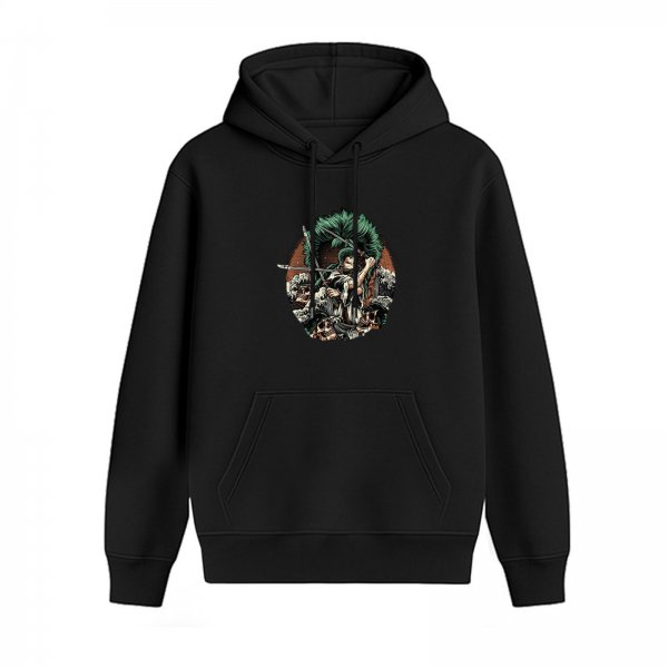 Black hoodie with warrior swordsman graphic print