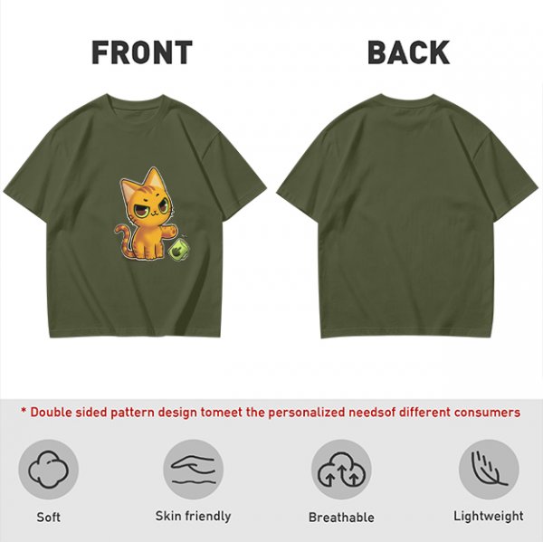 Olive T-shirt with mischievous orange cat knocking over green cup print
