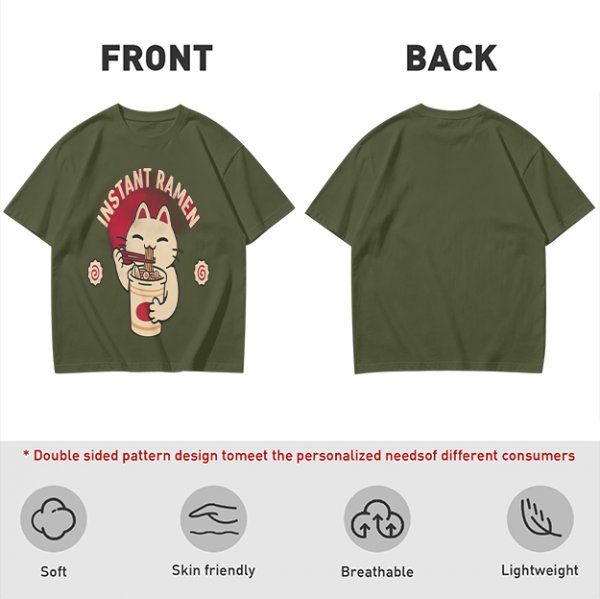 Olive green t-shirt with a cartoon cat eating instant ramen
