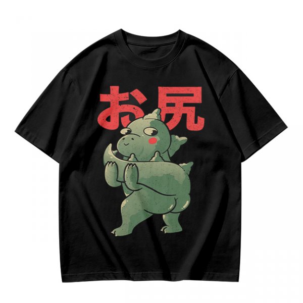 Olive T-Shirt With Cute Dinosaur Holding Its Own Butt Japanese Print