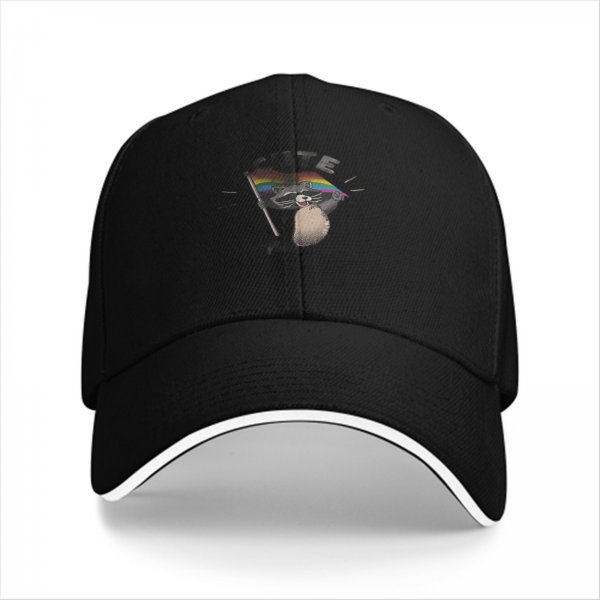 Black Baseball Cap With Raccoon Holding Pride Flag Design