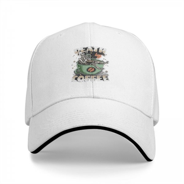 Black Baseball Cap With 'Death By Coffee' Skeleton Graphic