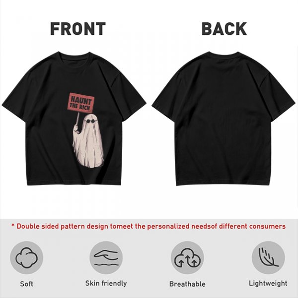 Olive T-Shirt With Ghost Holding 'Haunt The Rich' Protest Sign