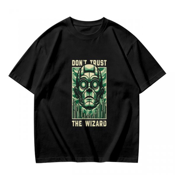 Olive green t-shirt with 'Don't Trust The Wizard' robot graphic print