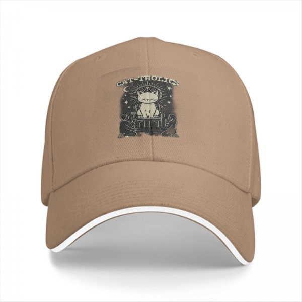 Black baseball cap with cat-tholics religious parody graphic print