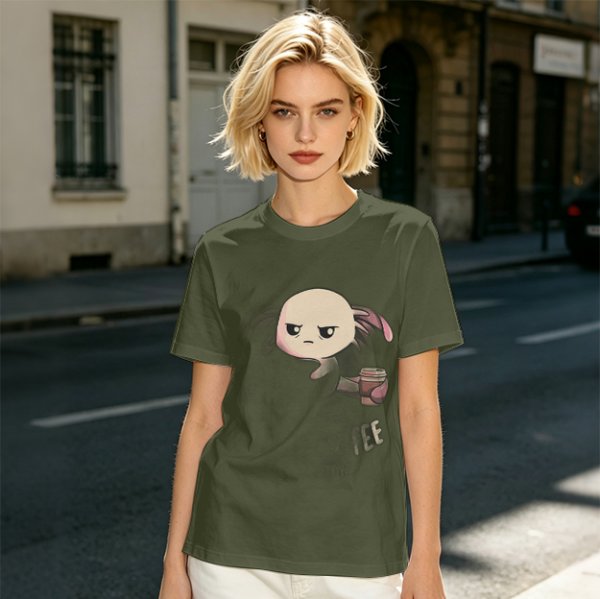 Olive T-shirt with Grumpy Axolotl Holding Coffee Print