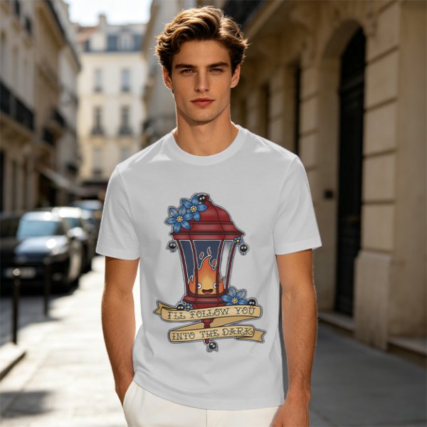 Olive t-shirt with lantern flame graphic and 'I'll follow you into the dark' text