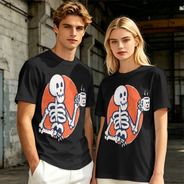 Olive Skeleton Holding Coffee Mug Graphic T-Shirt