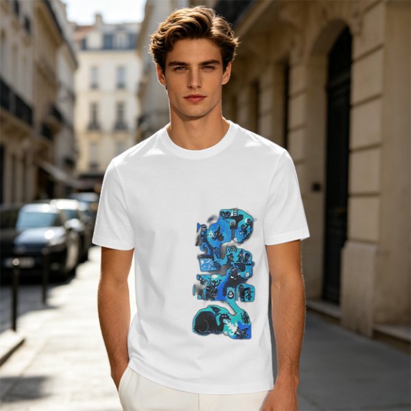 Olive Green T-Shirt with Blue Abstract Graphic Print