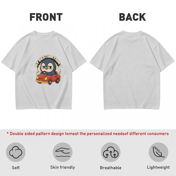 Olive T-Shirt With Cartoon Penguin Driving Car 'My Destination?' Print