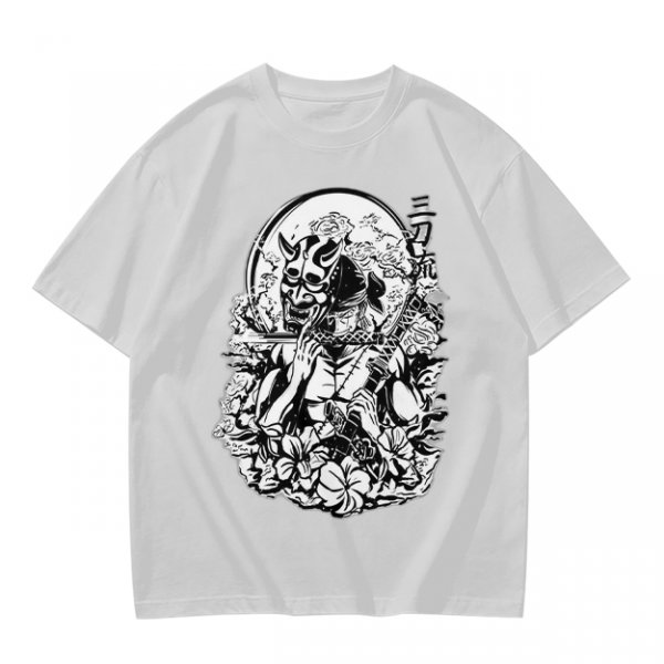 Oni Mask Samurai Floral Graphic Olive T-Shirt