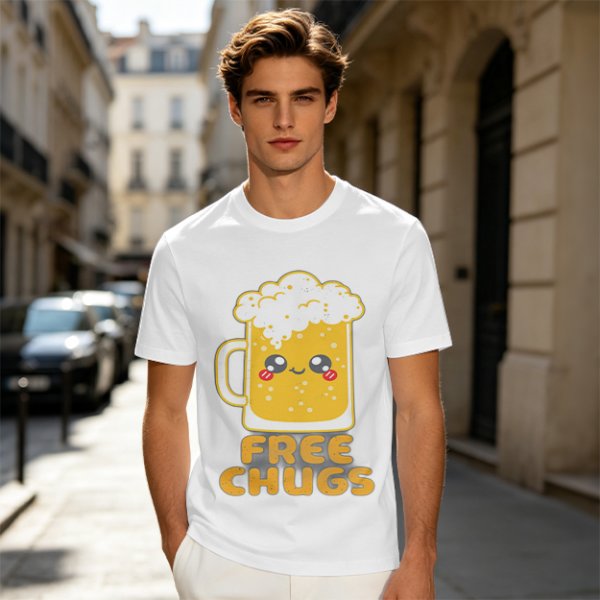 Olive Green T-Shirt With Cute Kawaii Beer Mug Free Chugs Print