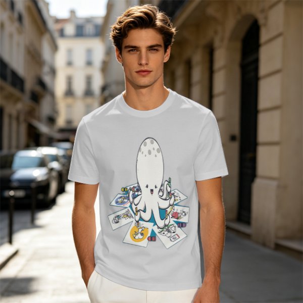 Olive T-Shirt With Cute Octopus Drawing Artwork Print