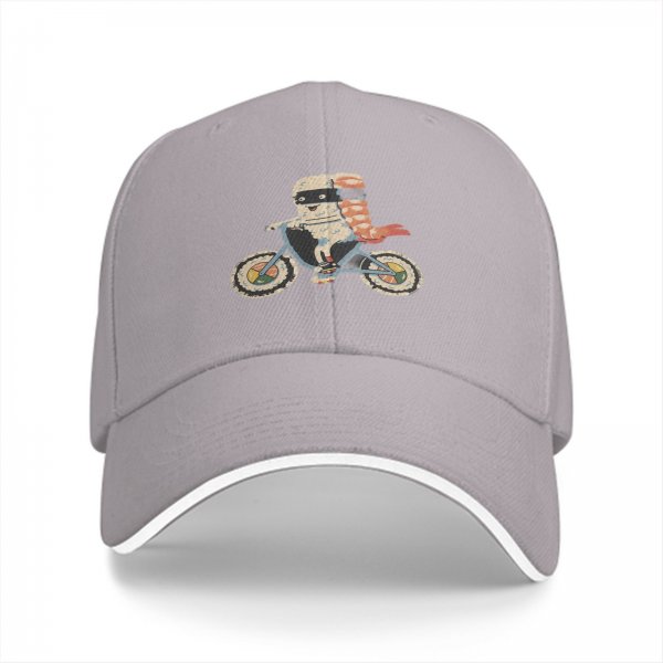 Black baseball cap with sushi ninja riding a bicycle graphic