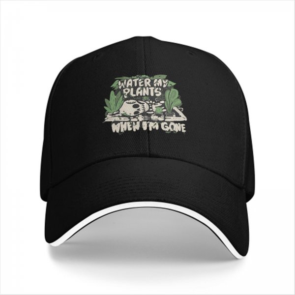 Black baseball cap with 'Water My Plants When I'm Gone' skull and plant graphic