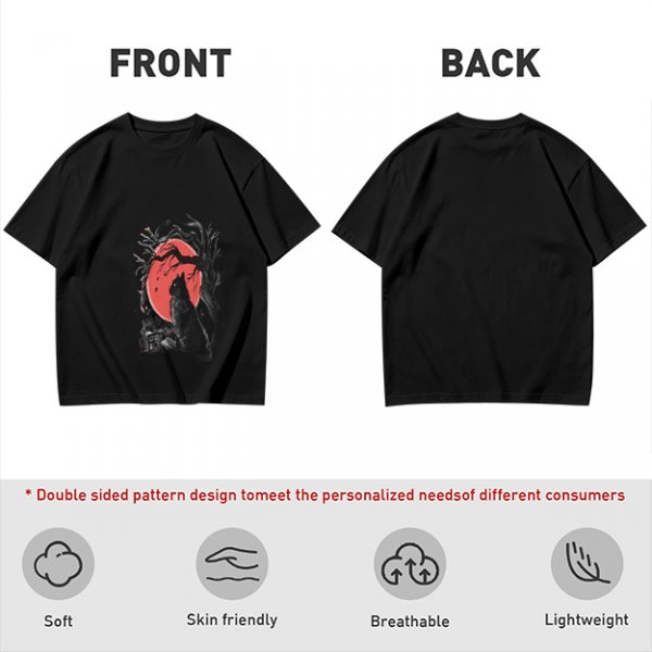 Olive T-Shirt with Black Cat and Red Moon Gothic Art Print