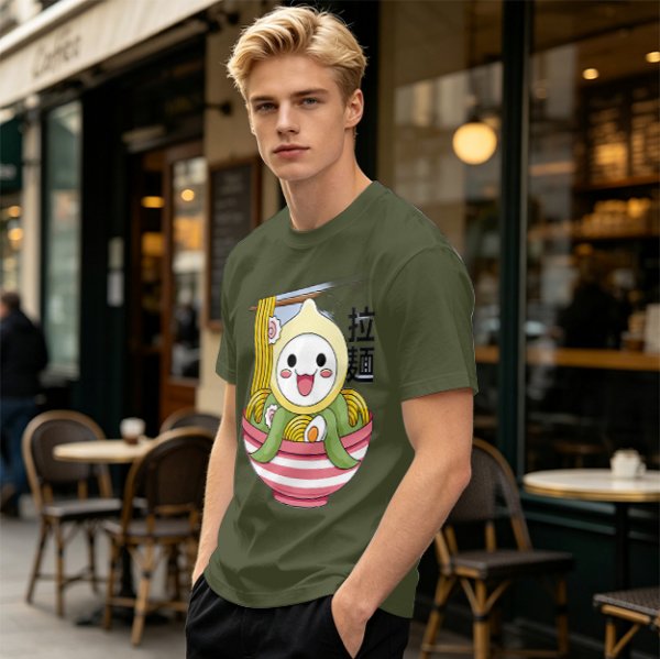 Owl-like character in ramen bowl graphic olive green t-shirt