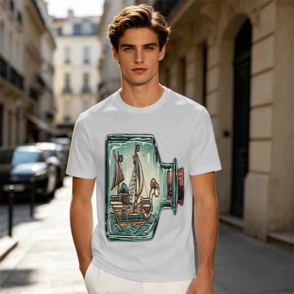Olive T-Shirt With Pirate Ship In Glass Jar Artwork
