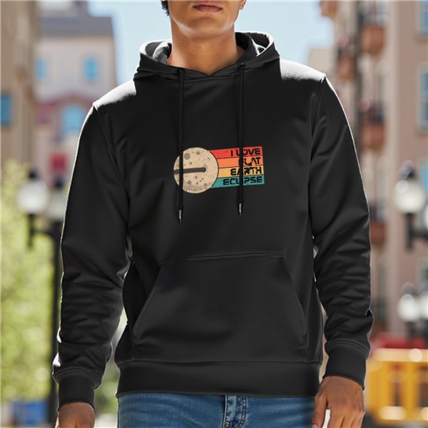 Black hoodie with retro flat earth eclipse graphic print