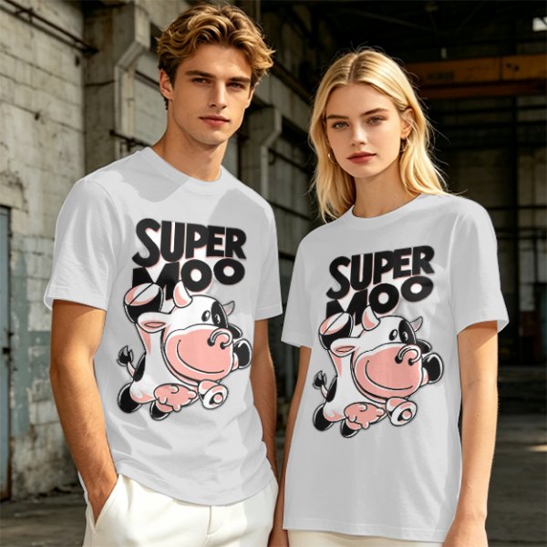 Olive green t-shirt with 'SUPER MOO' and cartoon cow graphic