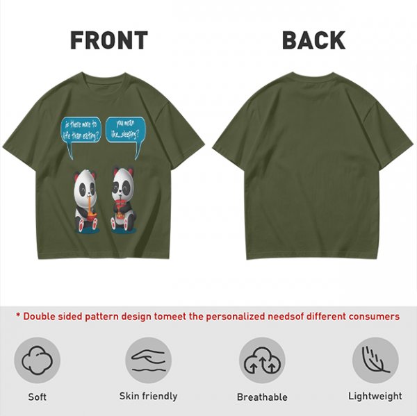 Olive t-shirt with pandas discussing life beyond eating and sleeping