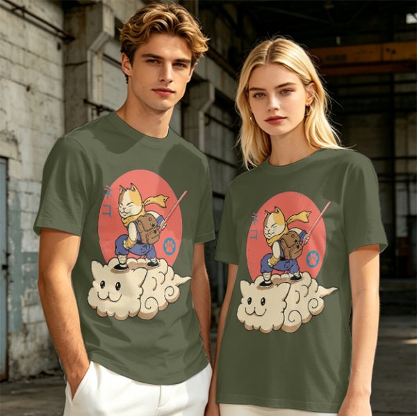 Olive T-shirt with a cat warrior riding a flying cloud graphic