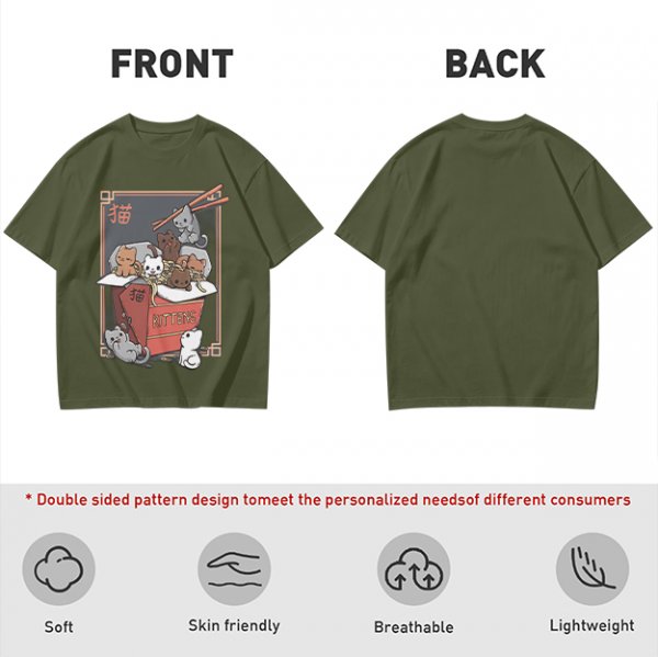 Olive t-shirt with playful kittens in takeout noodle box graphic