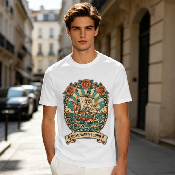 Olive T-shirt with Pirate Ship Homeward Bound Tattoo Style Print