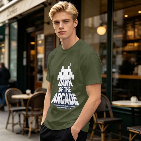 Olive T-Shirt with Retro Arcade Space Invader Graphic and Dawn of the Arcade Text