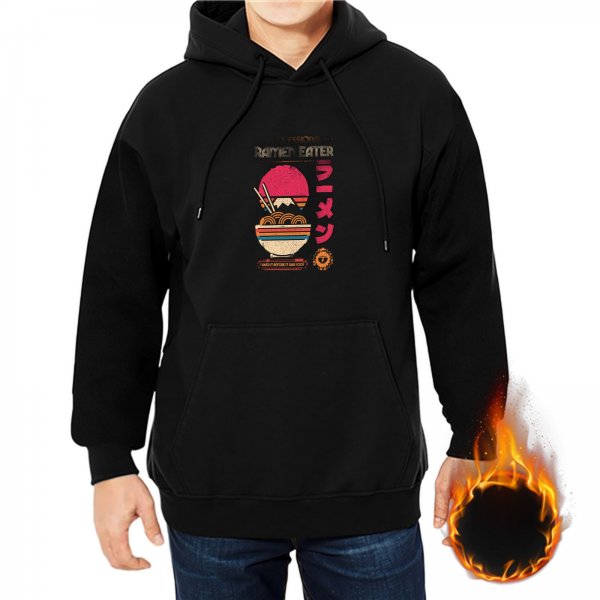 Black Hoodie With Retro Ramen Mountain Graphic Design